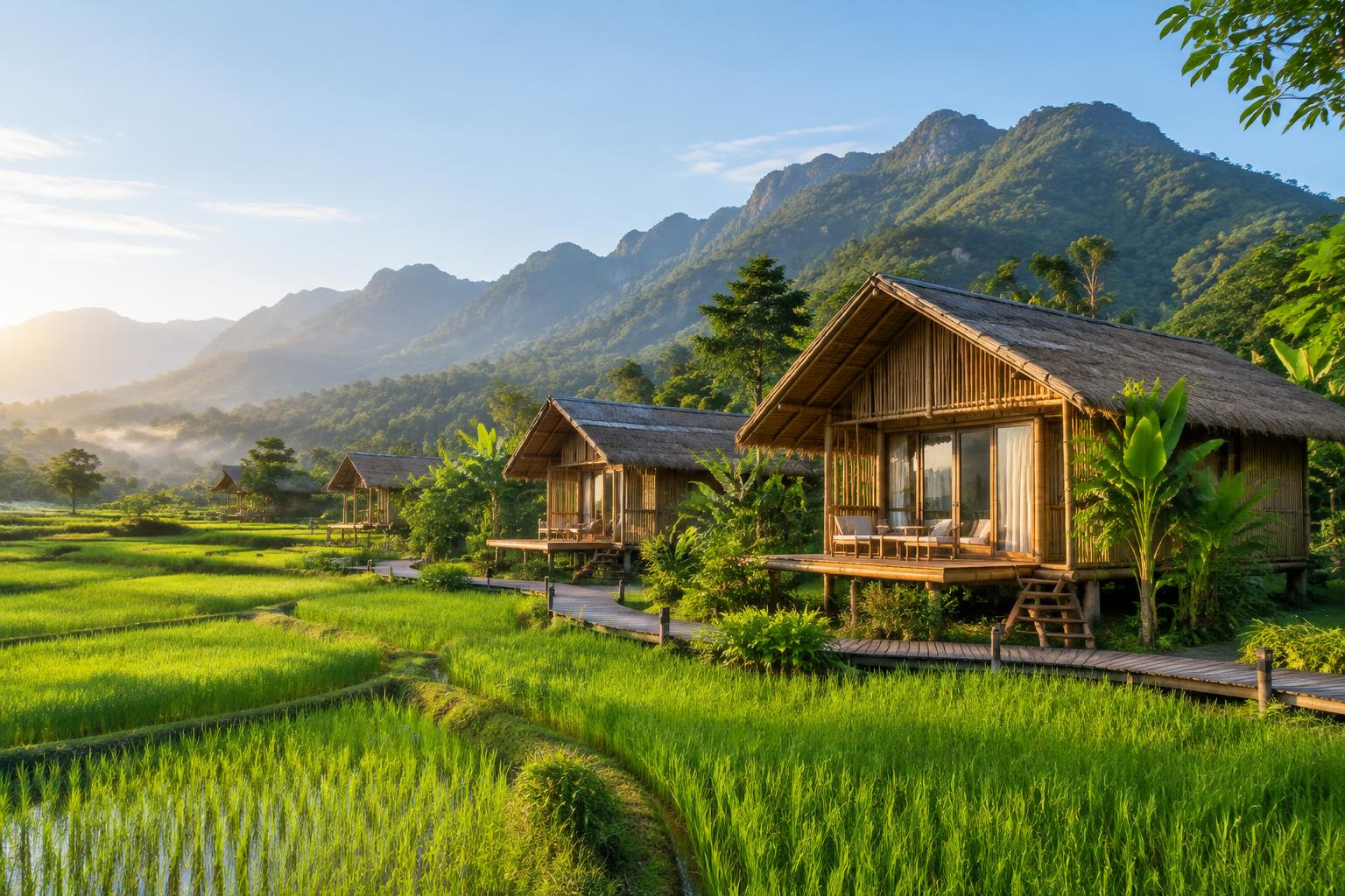 Bamboo eco-stay in the green rice fields of northern Thailand